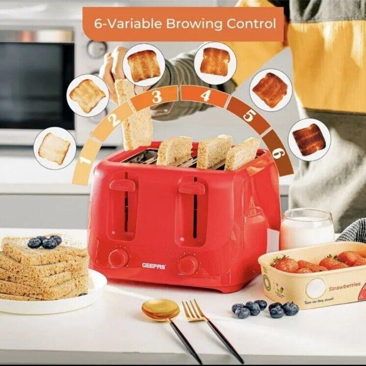 GEEPAS 4 Slice Toaster Family Size Bread Toaster 6 Variable Browning Control Red 2