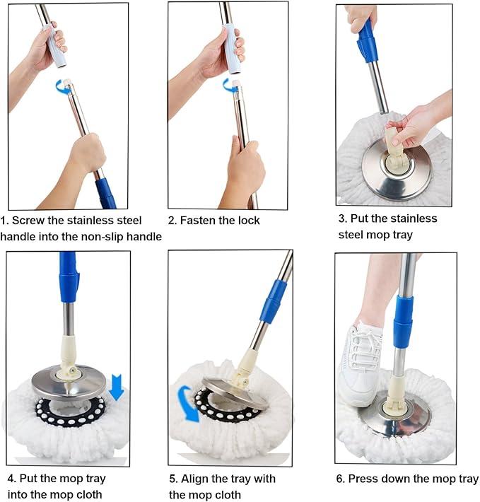 Spin Mop and Bucket with Wringer Set, 360° Spinning System, 3 Microfiber Mop Heads, 61" Stainless Steel Handle for Floor Cleaning Adjustable Pet 6