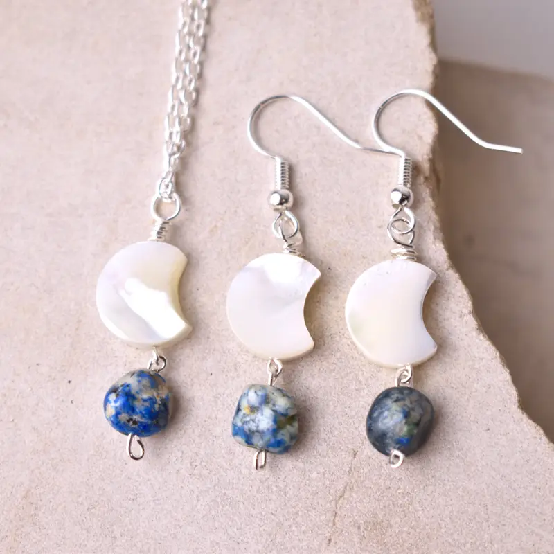 Handmade Crescent Moon Mother of Pearl with Azurite Crystal Earring and Necklace Set, Healing Crystal Drop Earring Pair, Azurite Healing Crystal Jewellery Christmas Gift 0