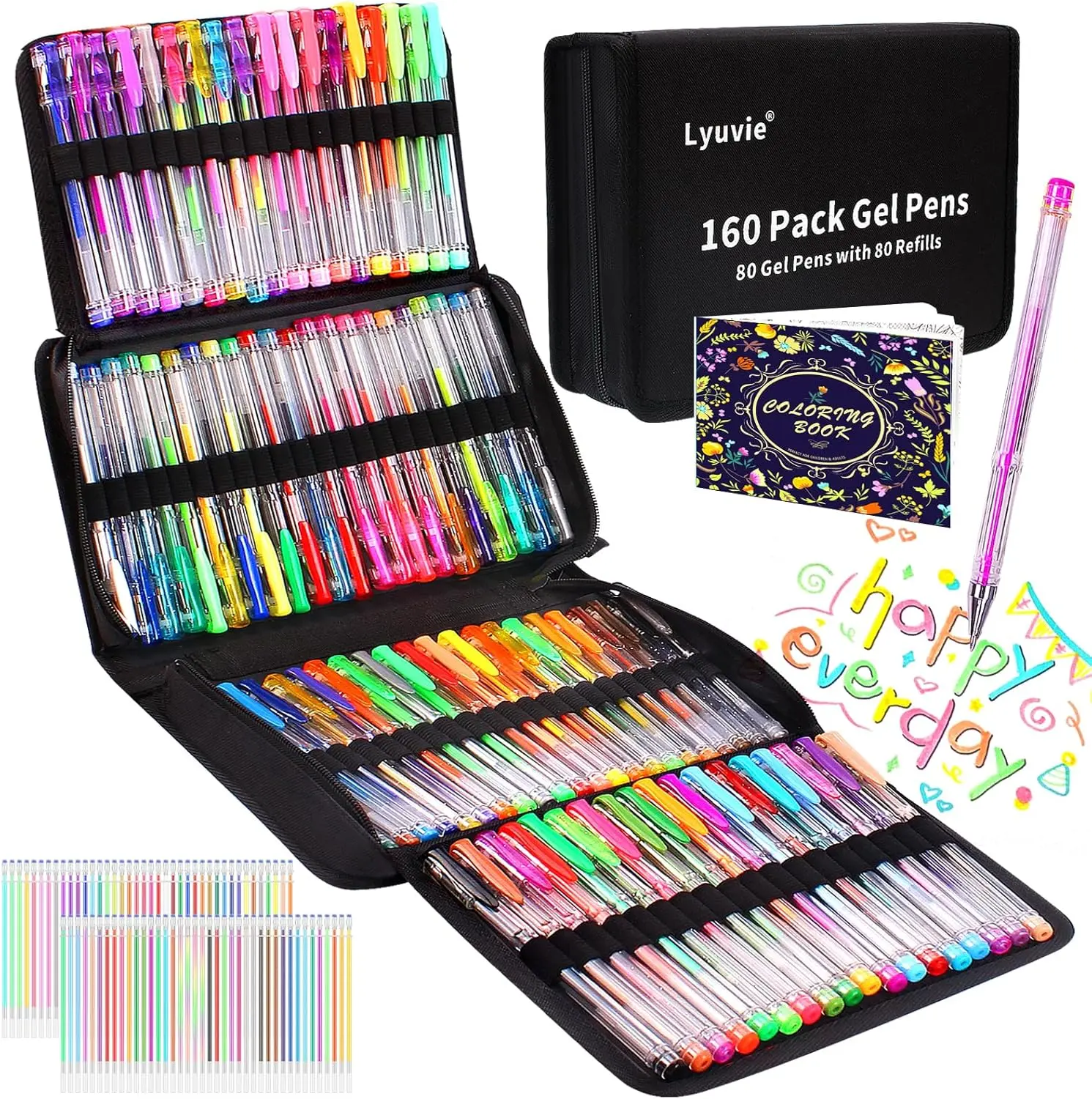 160 Pack Glitter Gel Pens Set,80 Coloured Gel Pens with 80 Glitter Refills & 1 Adult Colouring Books for Writing Drawing Doodling Crafts pen