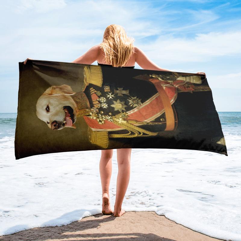 Funny Old Style Portrait Of Golden Retriever in Military Uniform - Beach Towel 1