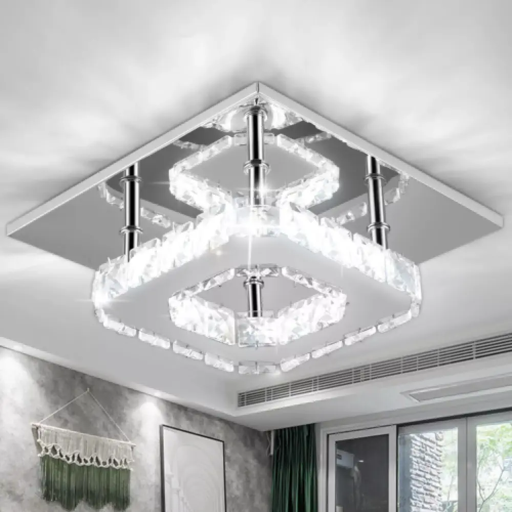 Elegant Crystal Square LED Ceiling Light, Modern Chandelier for Living Room, Dining Room, Bedroom