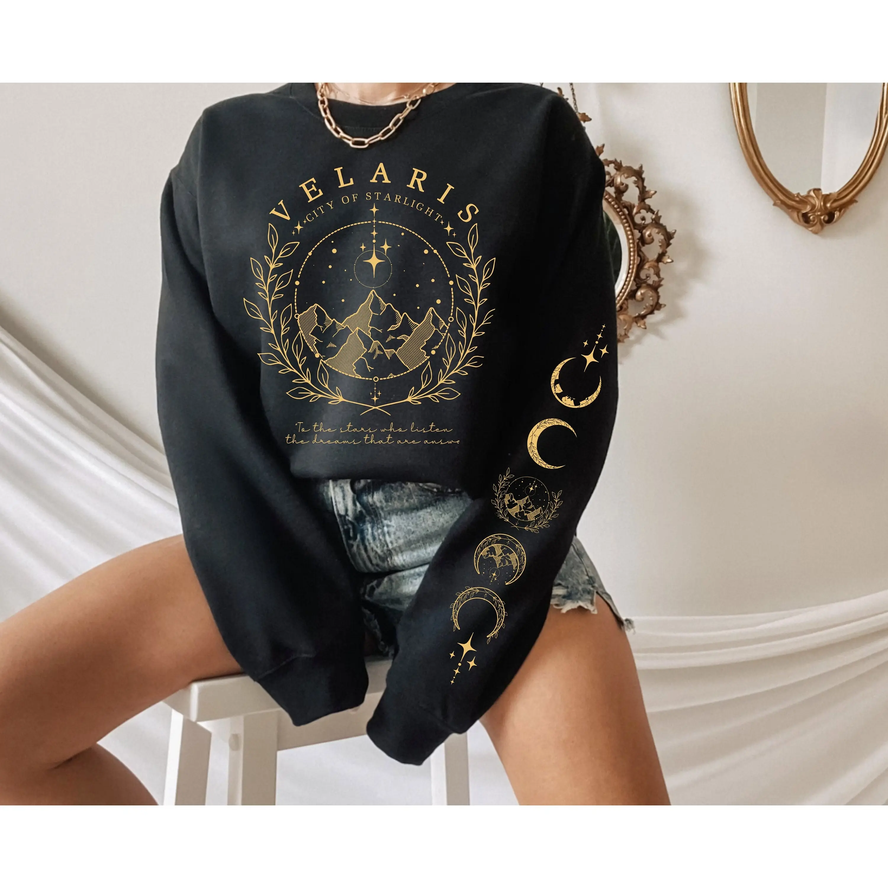 V5H5 Velaris Sweatshirt With Sleeve Print Acotar Merch Sarah J Maas City Of Starlight Sweater Feyres Tattoo Feyre Rhysand Gift For Friend