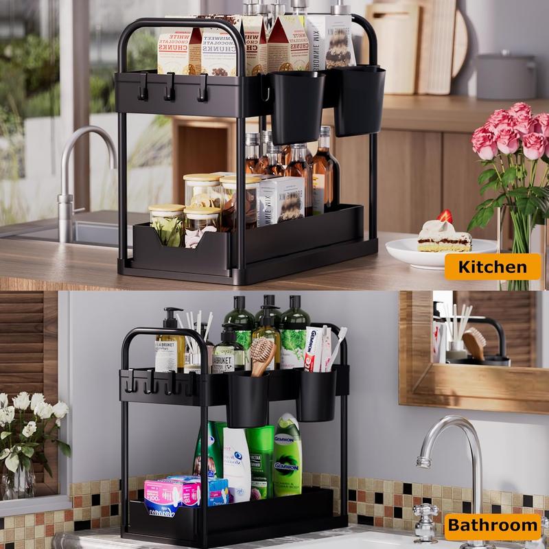 Under Sink Storage Kitchen Organiser, 2 Tier Sliding Kitchen Storage Shelf, Multi-Purpose Organisation for Kitchen Bathroom, Bottom Slide Out Basket Black - Racks Hanging Cabinet Drawer Installation Hangable Hanging Cabinet Multicolor 5