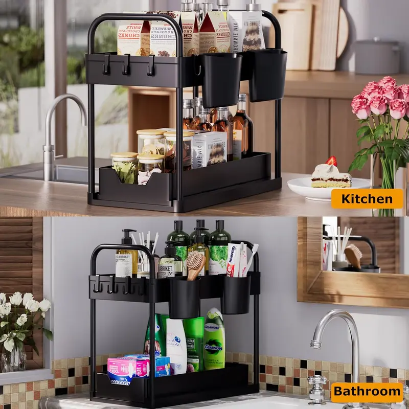 Under Sink Storage Kitchen Organiser, 2 Tier Sliding Kitchen Storage Shelf, Multi-Purpose Organisation for Kitchen Bathroom, Bottom Slide Out Basket Black - Racks Hanging Cabinet Drawer Installation Hangable Hanging Cabinet Multicolor 5
