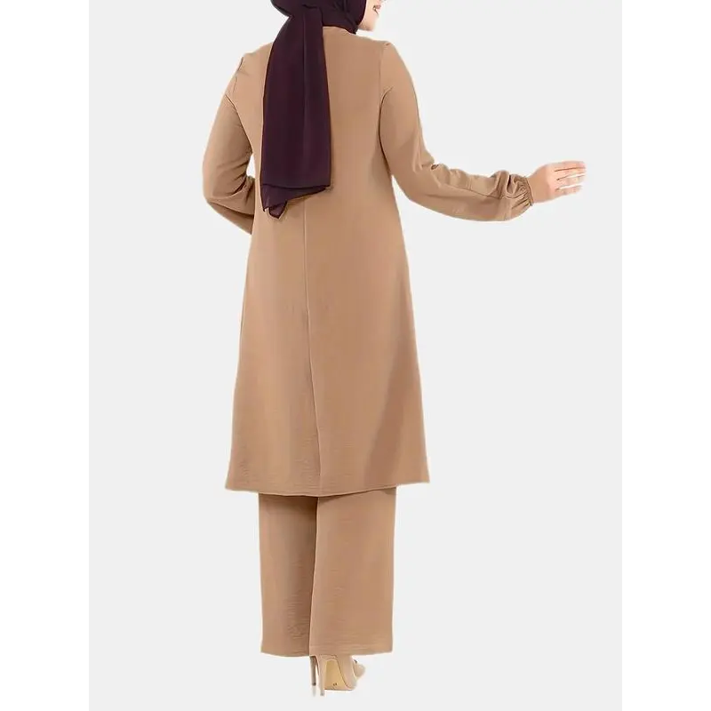Women's Plain Contrast Sequin Bishop Sleeve Round Neck Top & Wide Leg Pants Islamic Set, Casual Long Sleeve Top & Trousers for Daily Wear, Ladies Islamic Clothing for All Seasons,abaya for women 1