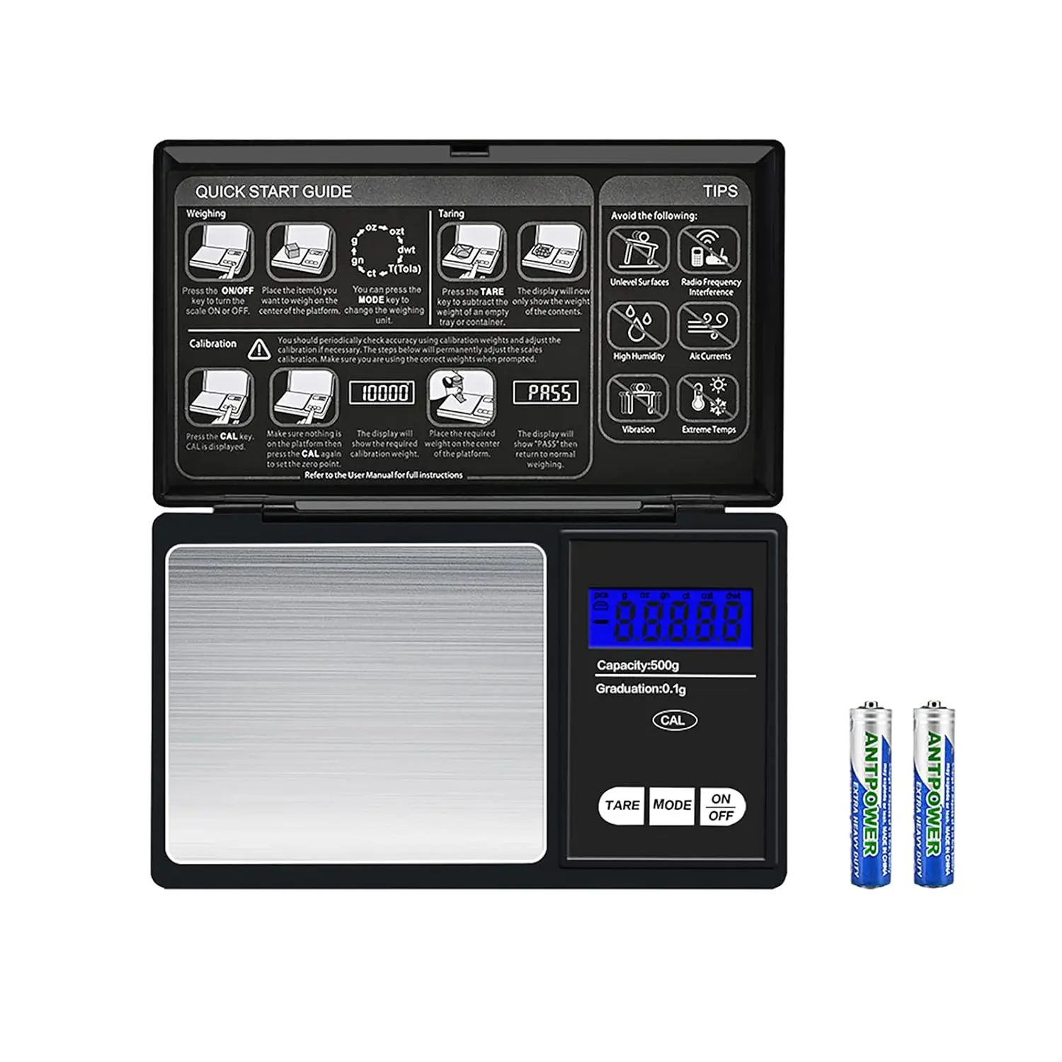 Digital Kitchen Scale with [2x AAA Batteries], 0.01g 500g Grams, LCD Display, Tare Function For Accuracy, Multifunctional Mini Pocket Scale, Jewellery Gold Herb Weighing Small Handheld Scale for Industrial, Home, Office, Kitchen