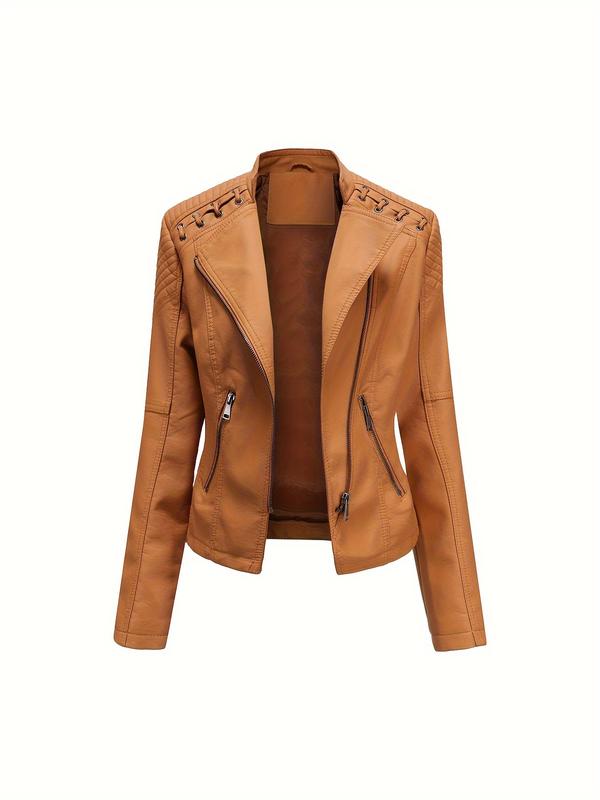 Faux Leather Zip-up Biker Jacket, Casual Long Sleeve Lace Up Lapel Jacket For Spring & Fall, Women's Clothing 6