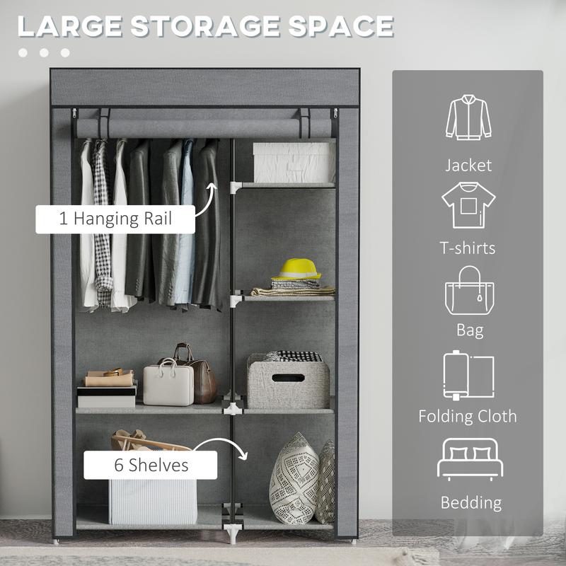 HOMCOM Fabric Wardrobe, Portable Wardrobe with 6 Shelves, 1 Hanging Rail, Foldable Closets, 103 x 43 x 162.5 cm, Dark Grey 2