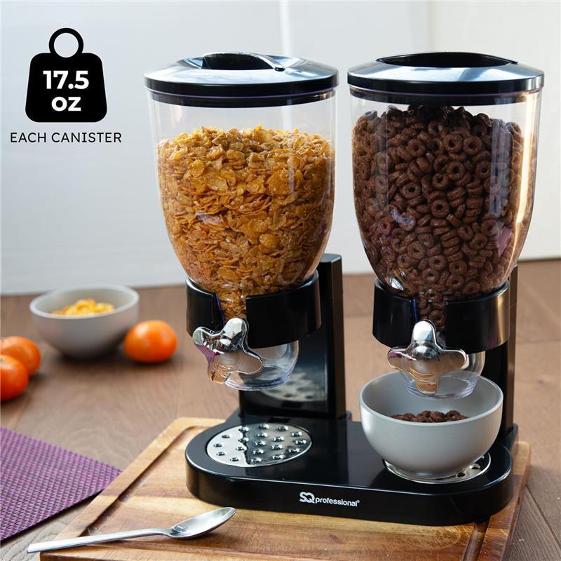Double Cereal Dispensers -Dry Food Double Canisters With Stand Kitchen Storage Dispenser Transparent Storage Container for Cornflakes, candy, nuts, beans, granola (Black) Coffee Utensils Plastic 4
