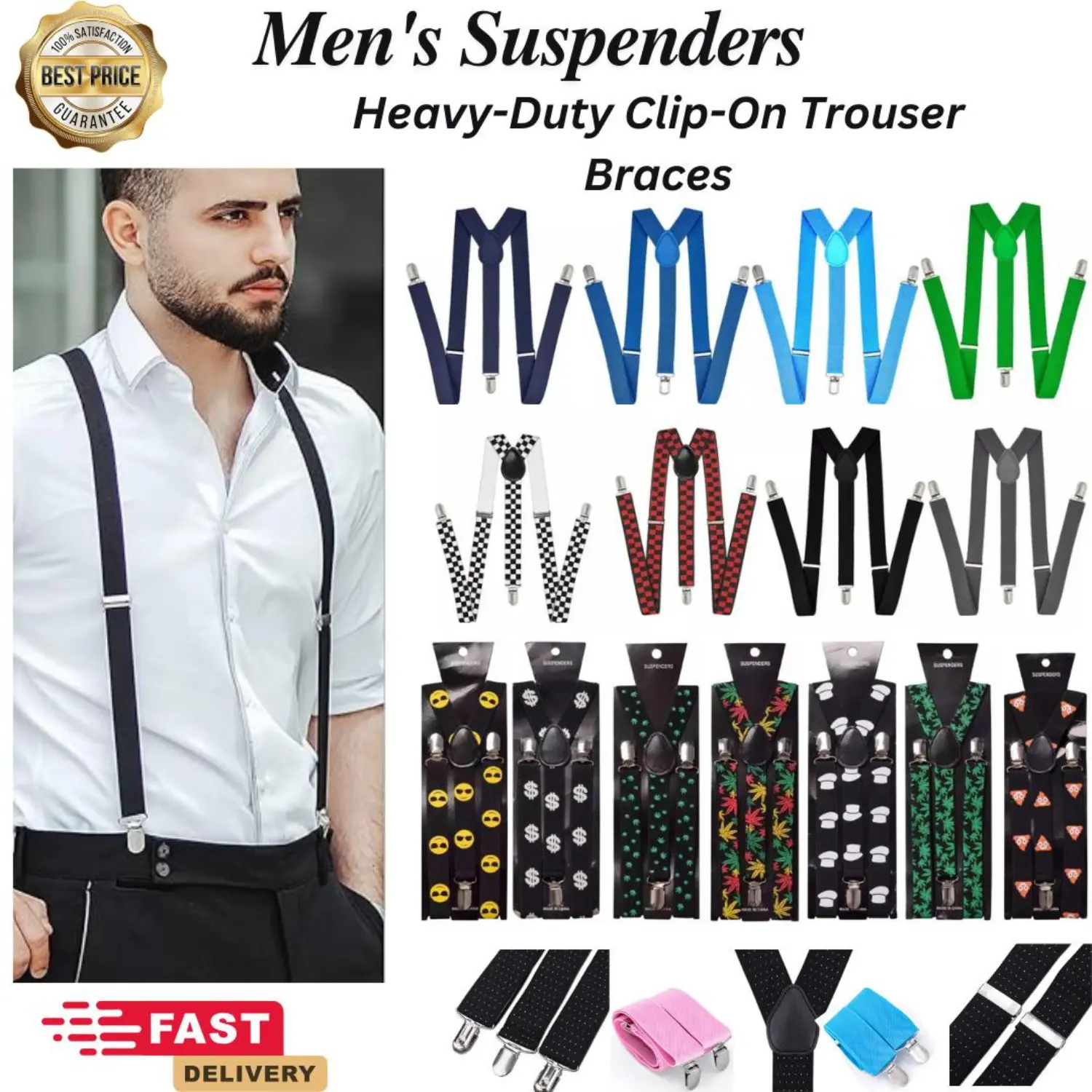 Men's Suspenders Heavy-Duty Clip-On Trouser Braces - Adjustable Elasticated 25mm Suspenders with Strong Metal Clips - Versatile Fashion Accessory for Weddings, Parties, Casual, and Formal Occasions