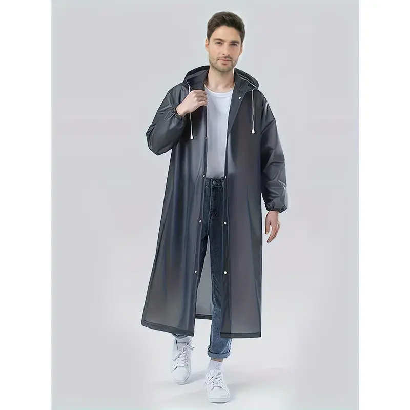 Unisex Solid Hooded Long EVA Raincoat With Long Sleeve And Button Up Placket, Waterproof And Versatile Jacket Suitable For Hiking And Outdoors Activities 1