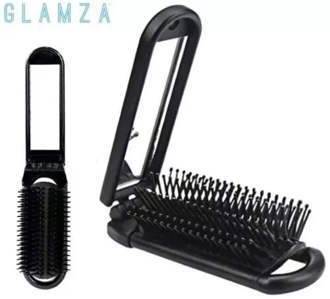 Folding Hair Brush With Mirror Travel Handbag Pocket Size Portable Handy Compact