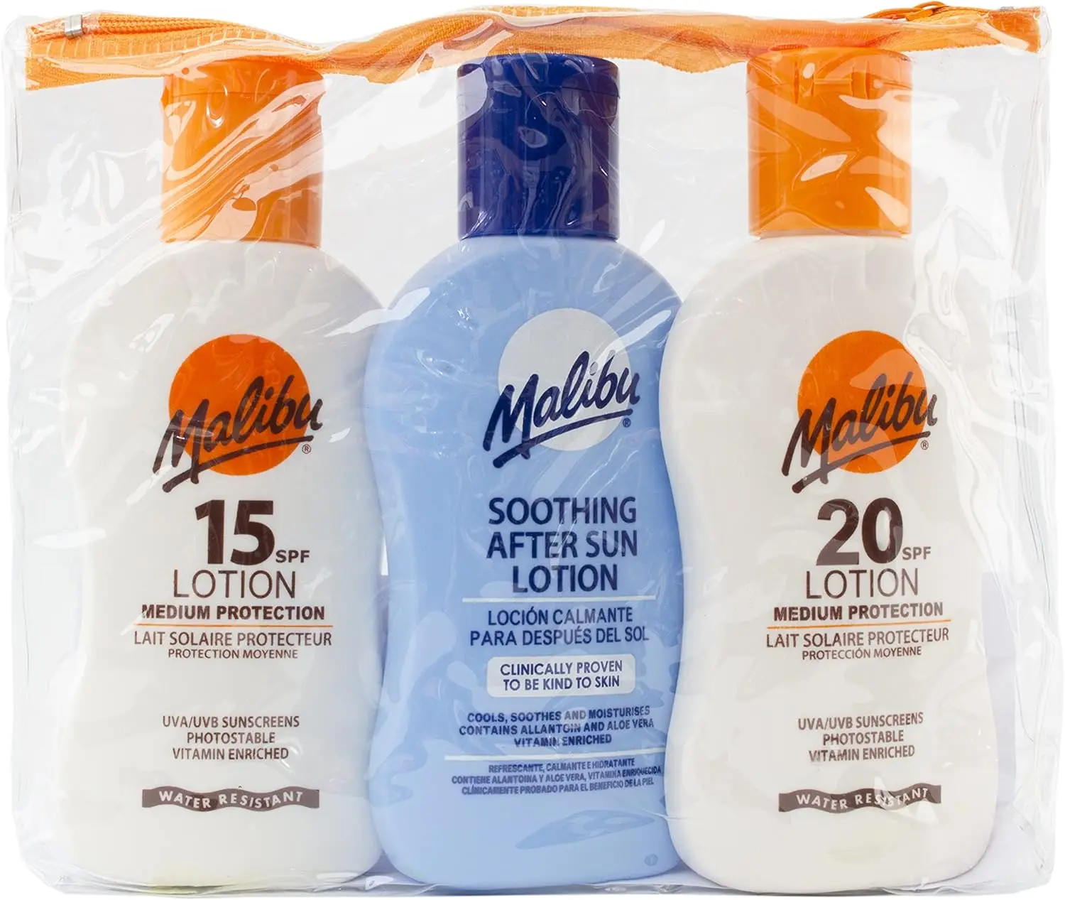 Malibu Sun Travel Essentials with Medium Suncream Protection and Soothing Aftersun Lotion, Water Resistant, SPF 15 and 20, Multipack, 3 x 100ml