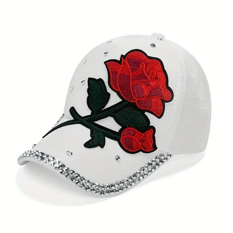 Red Rose Patch Baseball Cap Rhinestone Decor Y2K Sports Hat Lightweight Adjustable Dad Hats 2