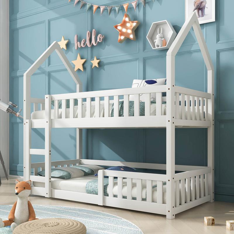 BTM Luxury UK New Bunk Bed Twin Sleeper Bed with Ladder, Solid Wood Frame 3FT Single bed, Gaming Bed, Castle-shaped Bed 90 x 190 cm Children's Bed room Furniture, Wooden Bed Frame for Kids Children 0