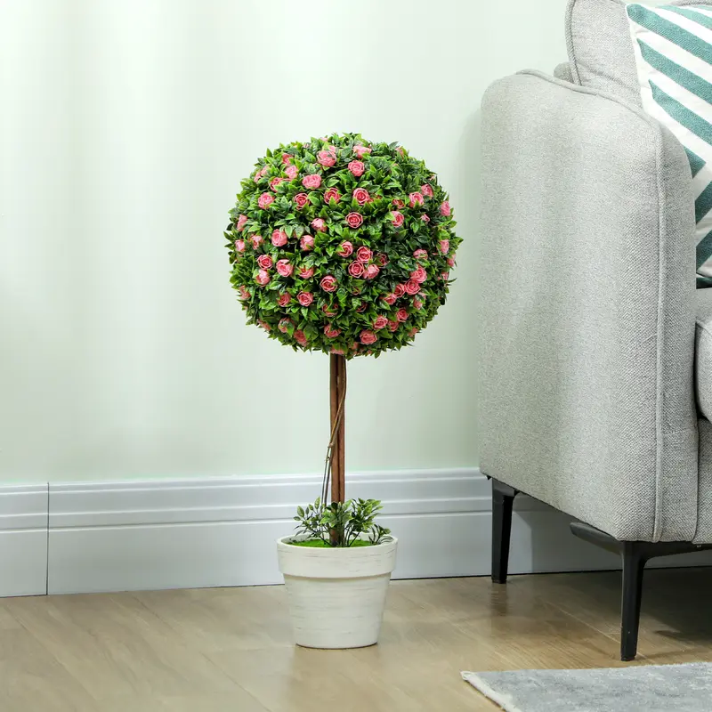 HOMCOM Set of 2 Decorative Artificial Plants, Ball Topiary Tree with Rose Flower in Pot, Fake Plants for Home Indoor Outdoor Decor, 60cm 6