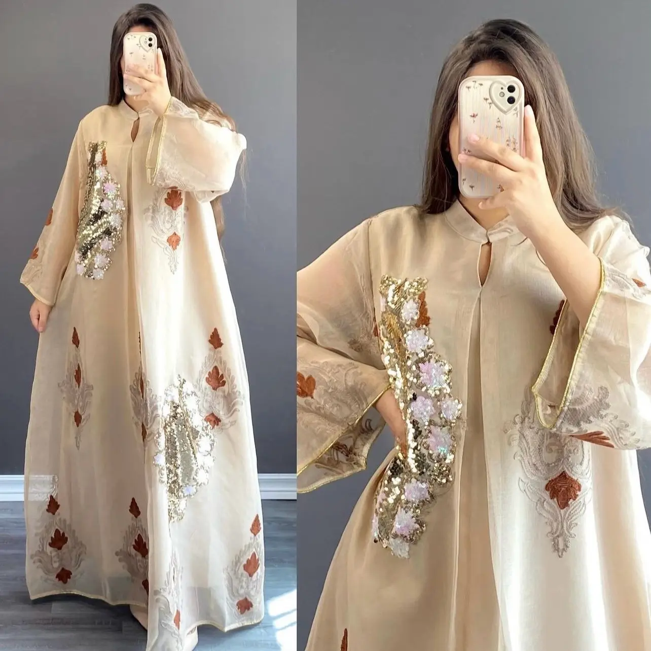 Nude embroidered abaya maxi dress (dress oversized)