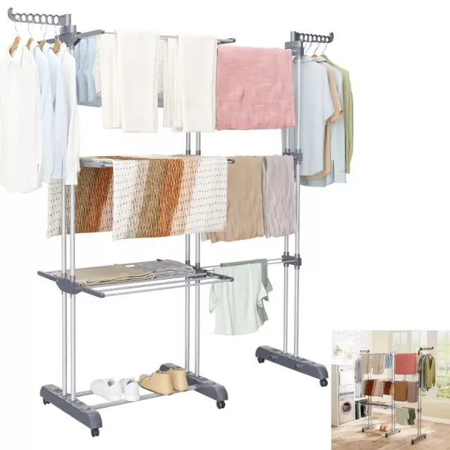 Extendable Dryer Rack 4 Tier Foldable Clothes Hanger Airer Rack for Laundry - Hangable Wing Multicolor
