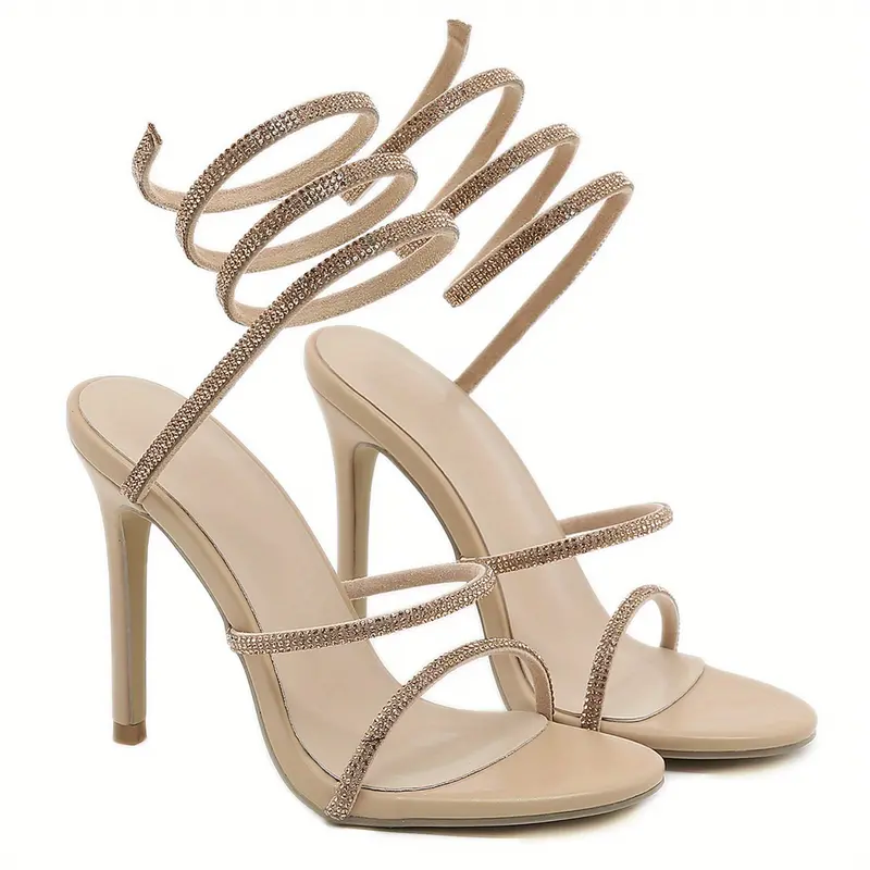 Women's Rhinestone Decor Sandals, Slip On Open Toe Stiletto Heel Ankle Strap Slides Shoes, Glitter Dress & Party Shoes 6