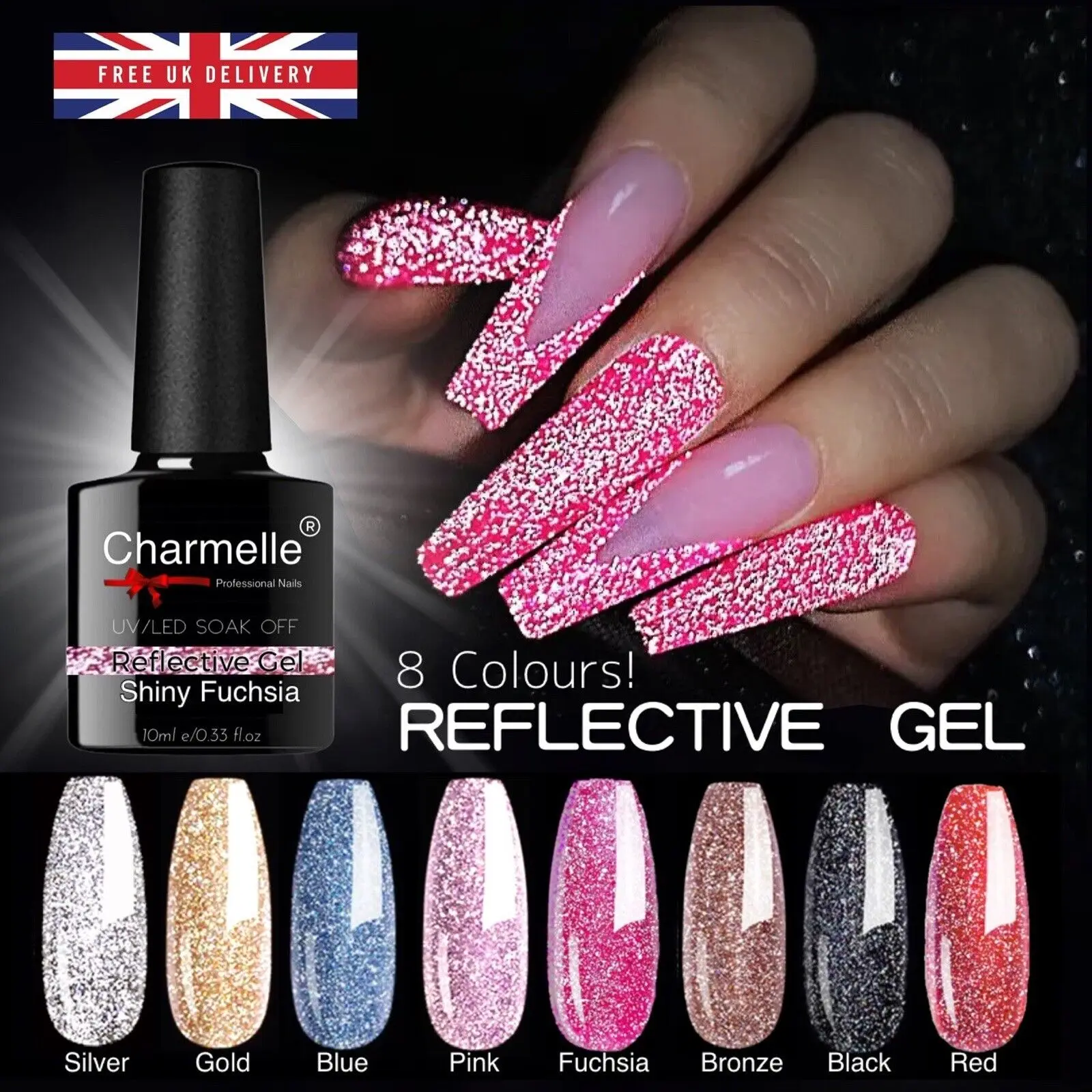 Reflective Disco Nail Gel Polish Crushed Diamond Christmas & New year's Nails Glitter Flash Sparkling Effect to be used with UV / LED Lamp High Gloss Long-lasting CHARMELLE Nails UK