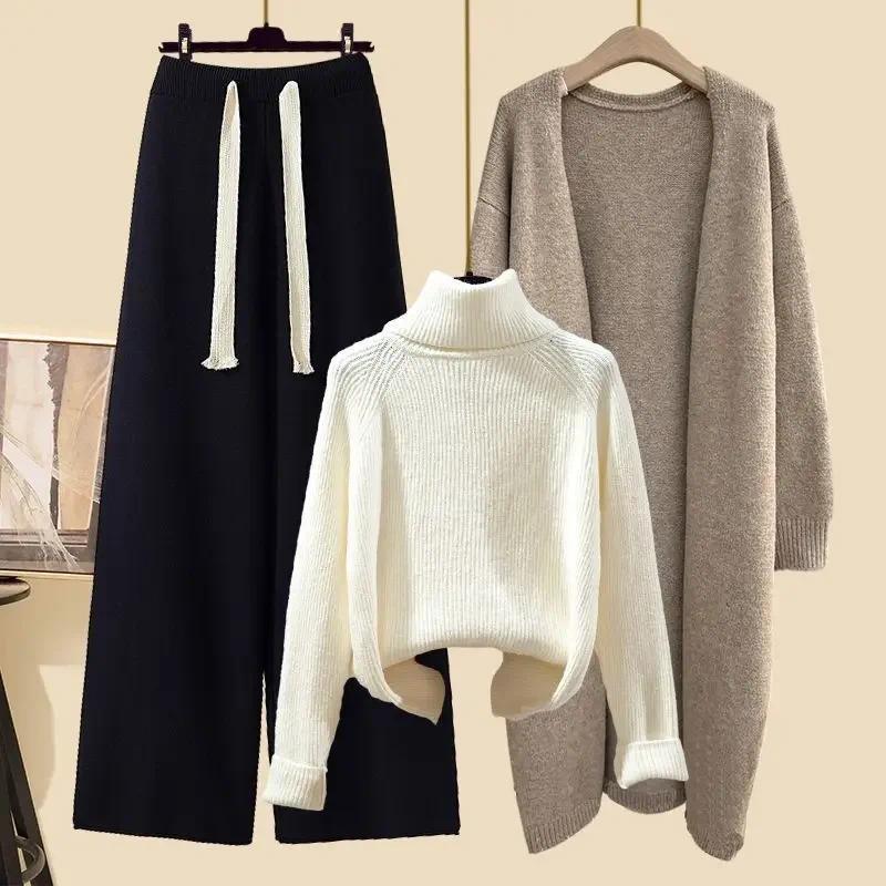Product Introduction of [2025] plus size women's winter cardigan jacket polo/turtle neck sweater bell bottoms three-piece set new style long length 24