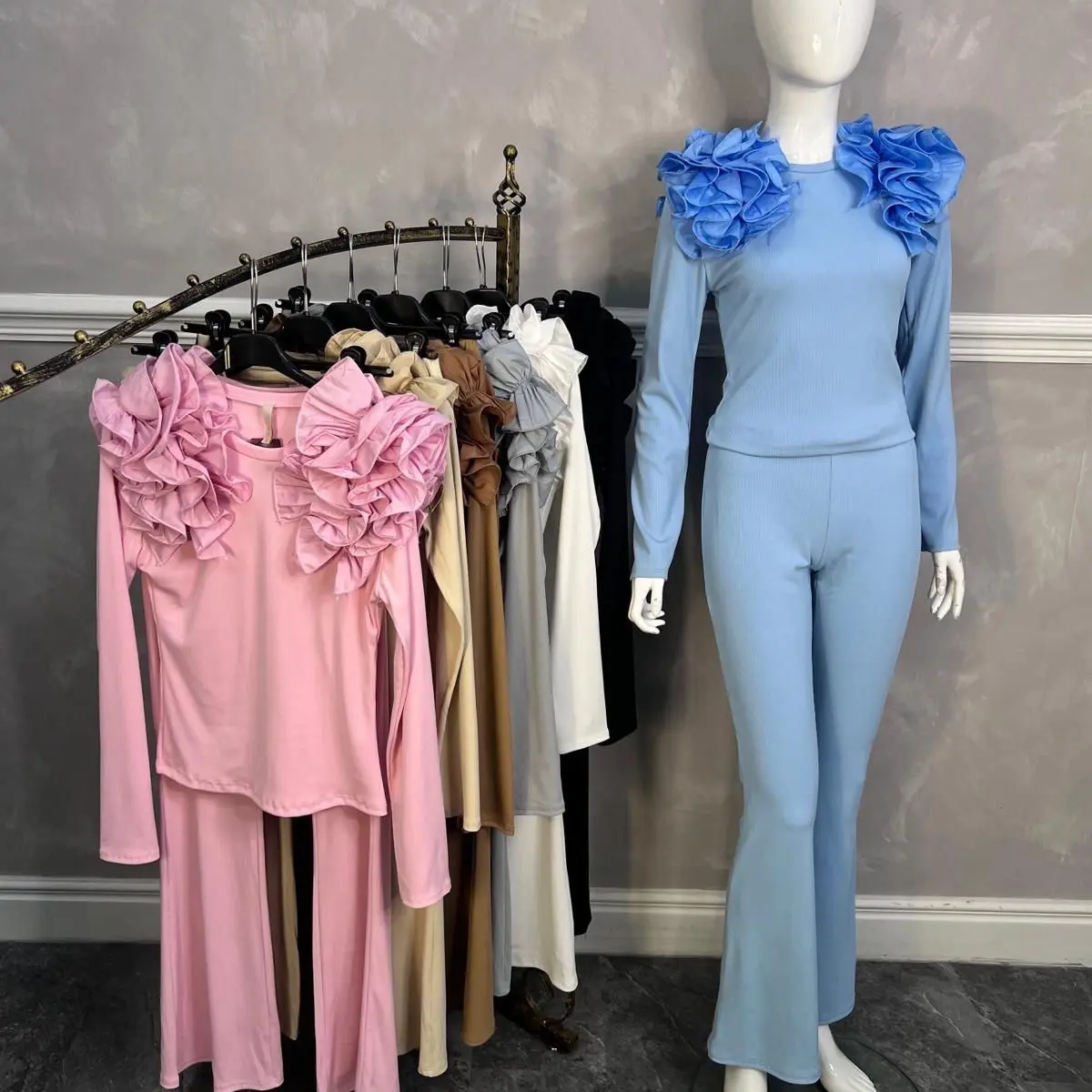 GSR Boutique Lacey Ruffle Style Flared Co-Ord Set - Soft Ribbed Material for Comfort.