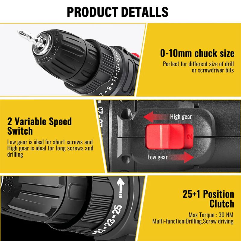 2 Battery 21V Cordless Drill Combo Accessories 2 Battery Screwdriver Accessories Set UK 2