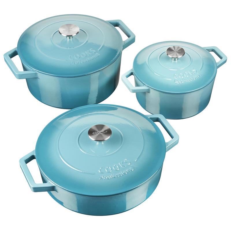 Cooks Professional Cast Iron Casserole Set of 3 | 20cm, 26cm & 28cm | Enamelled Inside & Out | Graduated Teal 1