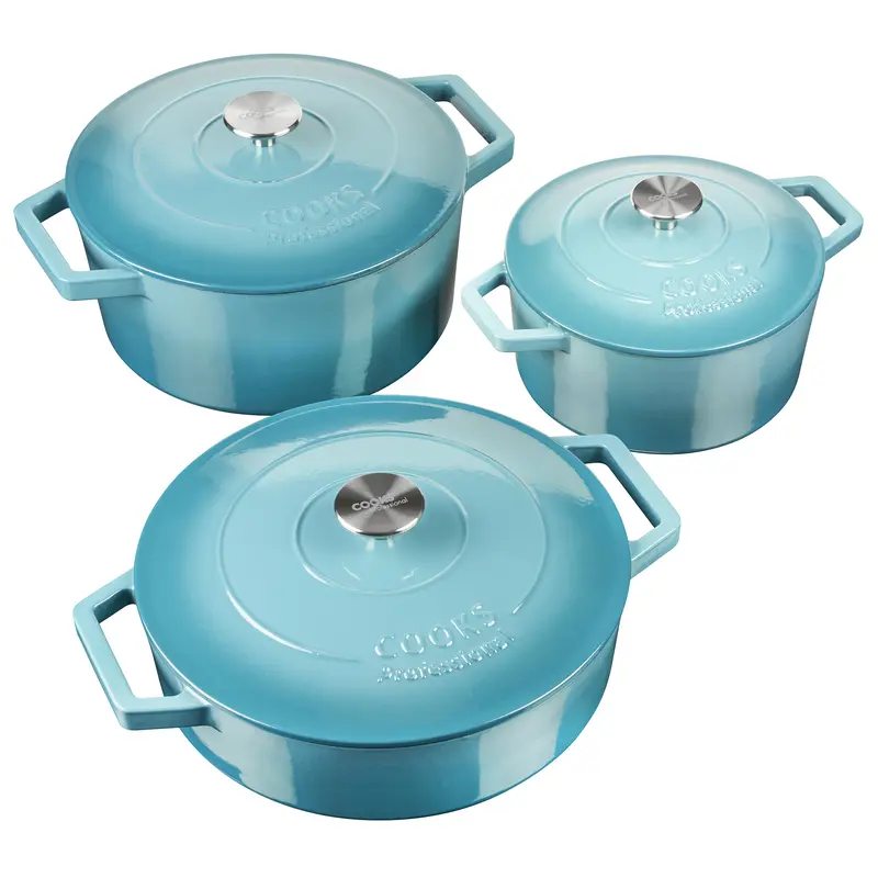 Cooks Professional Cast Iron Casserole Set of 3 | 20cm, 26cm & 28cm | Enamelled Inside & Out | Graduated Teal 1