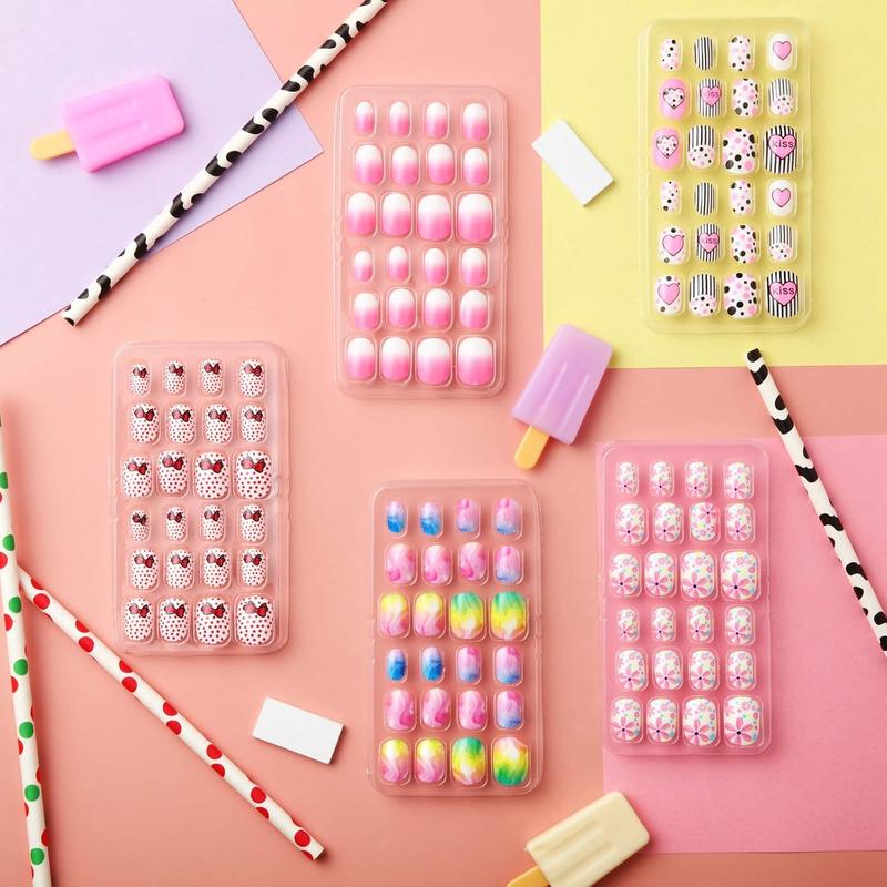 120 Pieces Kids Press on Nails Children Fake Nails Artificial Nail Tips Girls Full Cover Short False Fingernails for Girls Kids Nail Decoration (Sweet Pattern) 2