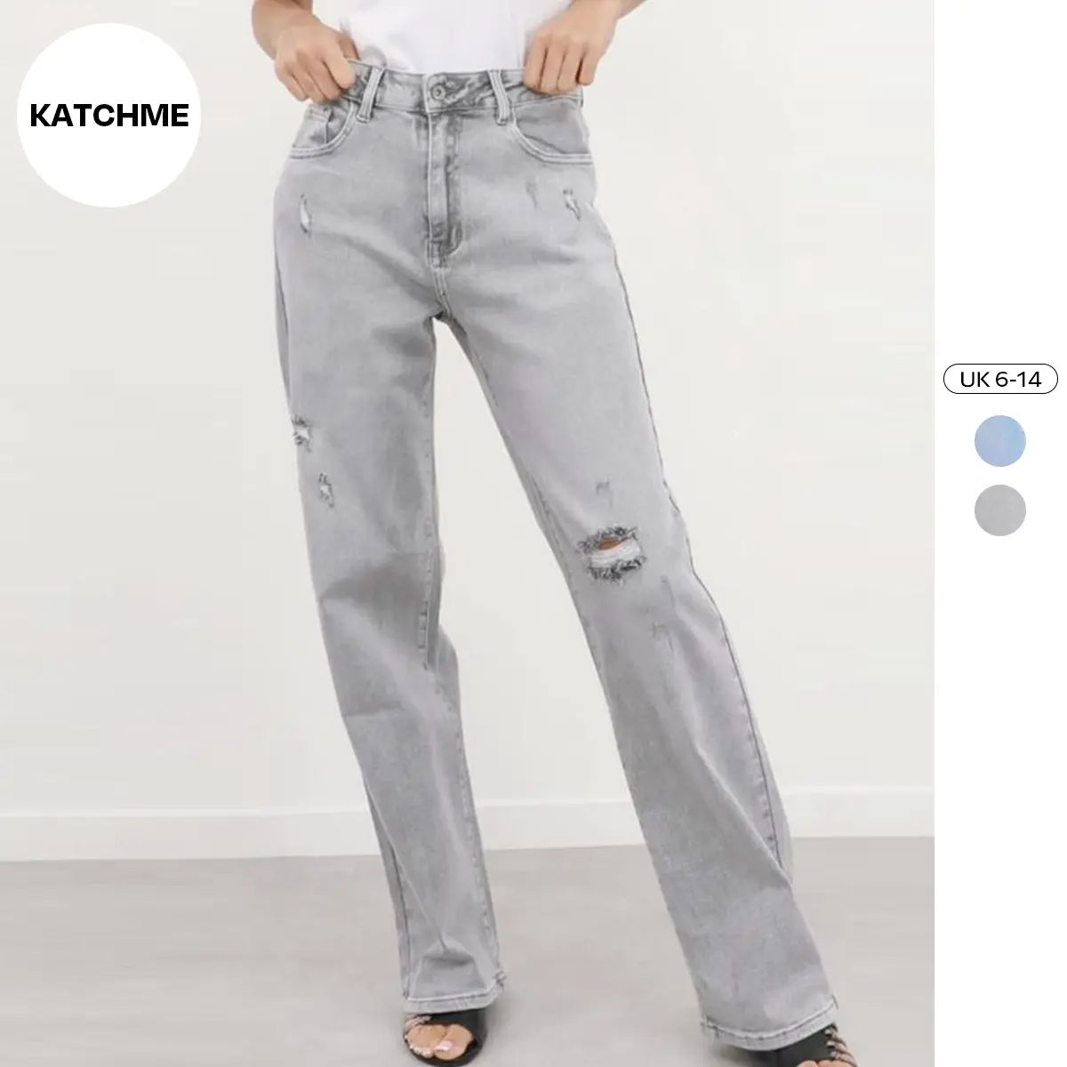 KatchMe Women's Versatile Ripped High Waist Multi-Pocket Wide Leg Jeans,Chic Denim Trousers for Women,Comfort Stretch Ripped Pants for Fall & Winter