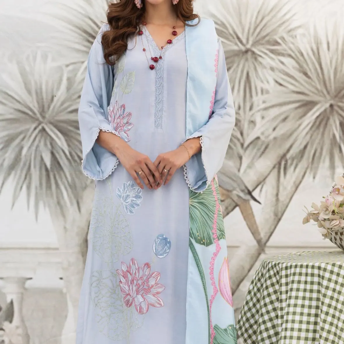 Petals Digital Luxury Embroidery Wool Shawls Collection #24 MP-01 light blue .