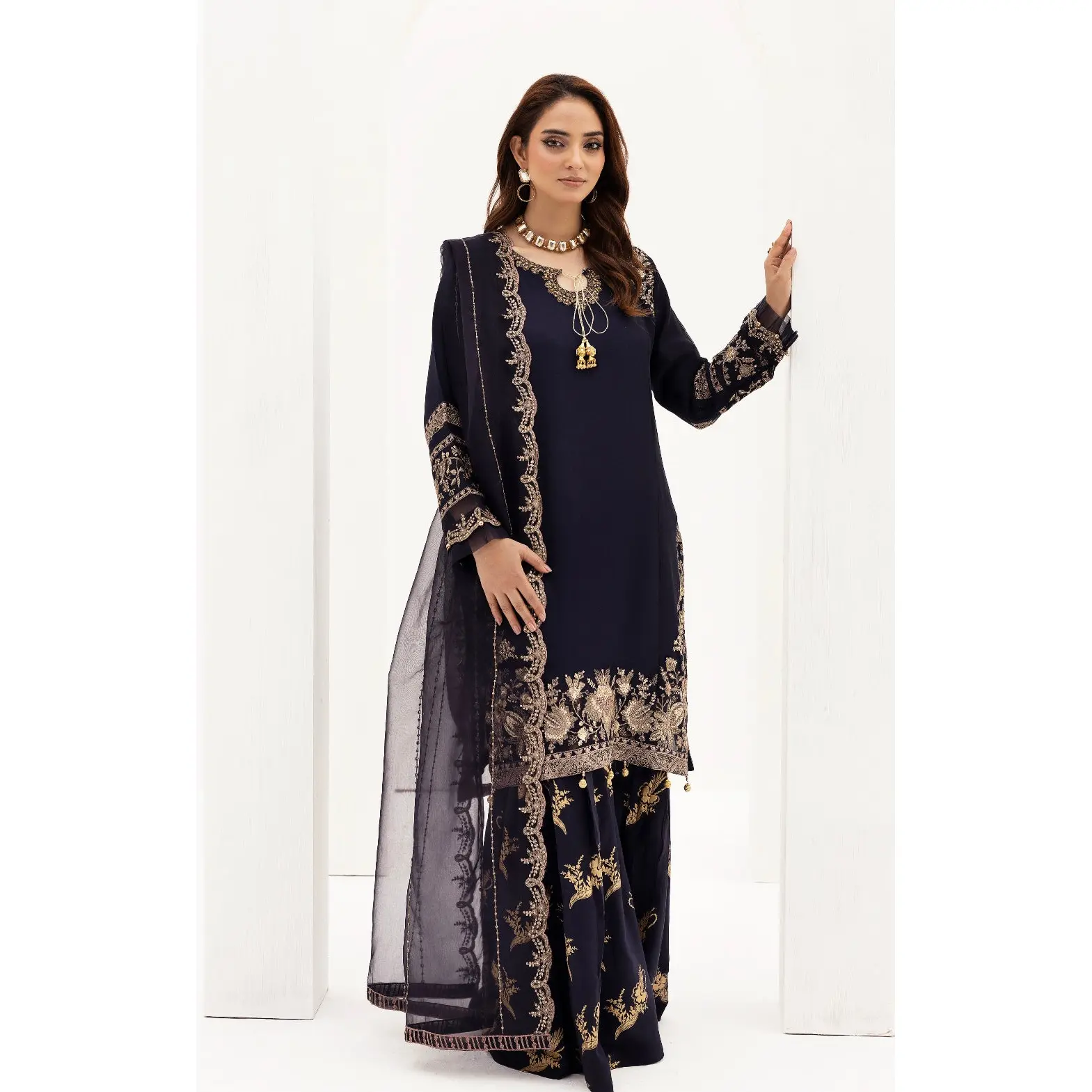 SIMRANS ‘Eliza’ | Embroidered Chiffon Shararah Readymade | SM744 (Navy)