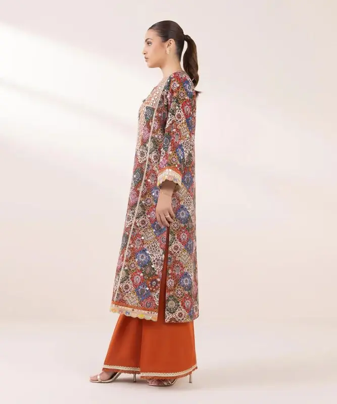 SAPPHIRE ORIGINAL slub Khaddar Shirt & Farshi Plazo Set - Multicoloured Tilla & Sequin Embroidery - Casual, Fit 4
