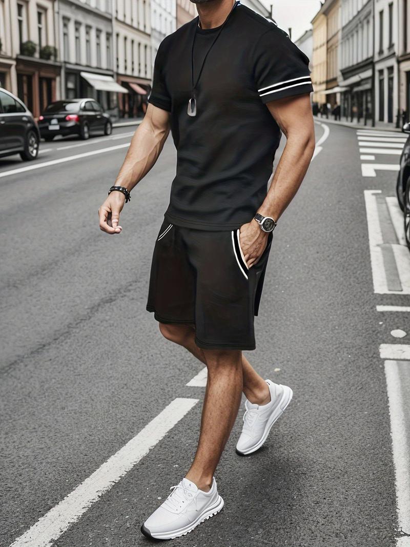 Product Introduction of Plus Size Men's Striped Casual Outfit Set - Comfortable Polyester T-Shirt & Shorts with Pockets, Round Neck, Elastic Waistband for Everyday Streetwear, Light Gray, PLUS SIZE 0