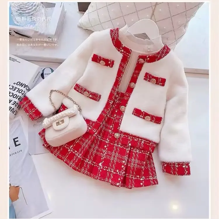 Girls Cotton Padded Fake Fur Coat + Jacket 2PCS Set Princess Elegant Clothing Sets