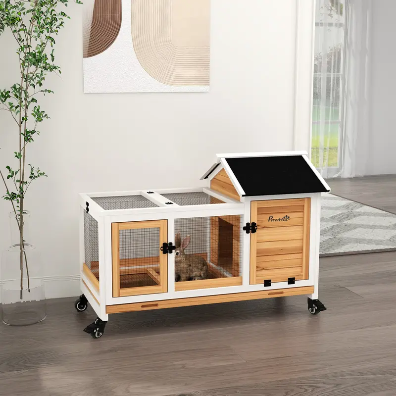 PawHut Wooden Rabbit Hutch, Guinea Pig Cage, with Removable Tray, Wheels - Yellow 1