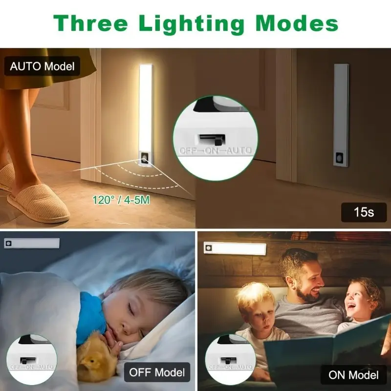 AIBOO 4 Pack Set 20CM 8 Inch LED Motion Sensor Lights, Wireless USB Light Rechargeable 72LED Under Cupboard Kitchen Lights With Magnetic For Wardrobe Stair Cupboard Lights 3