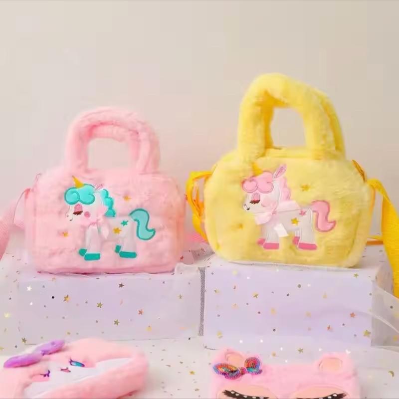 Kids Embroidery Unicorn Plush Toy Crossbody Purses Handbags Little Girls Rainbow Fluffy Purse Cute Cartoon Furry Shoulder Bag 4
