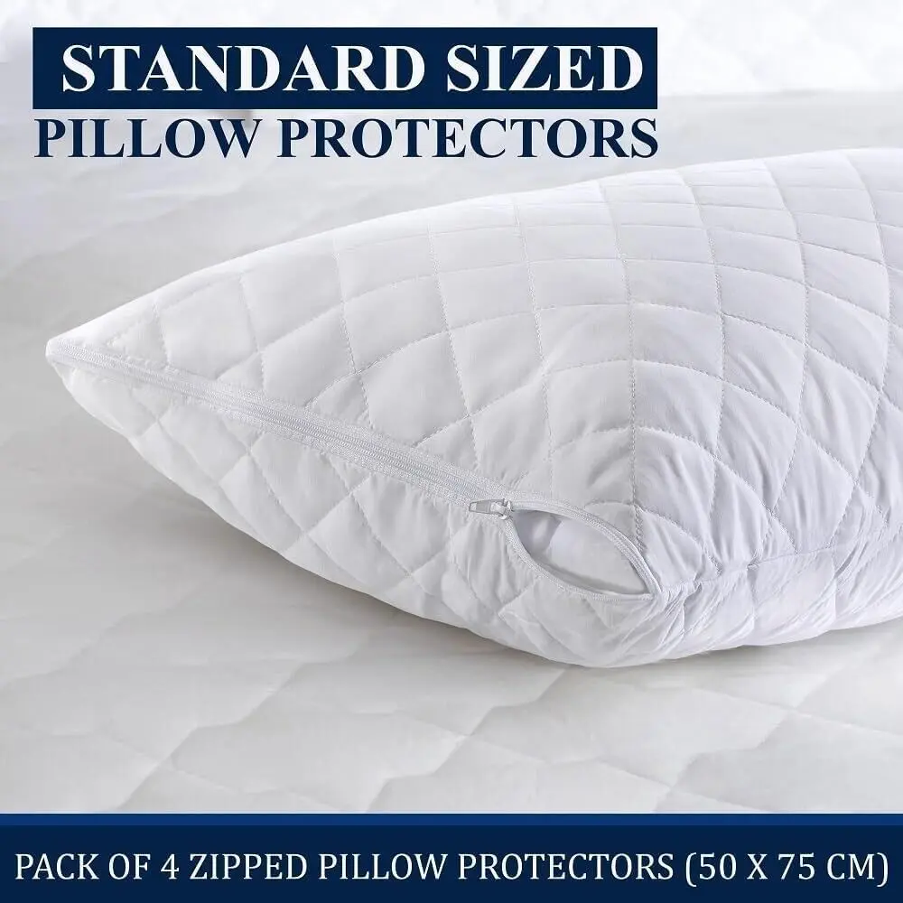 Pack of 4 100% Polycotton Quilted Zipped Pillow Protectors Pair Pillowcase Covers Pillows 4x