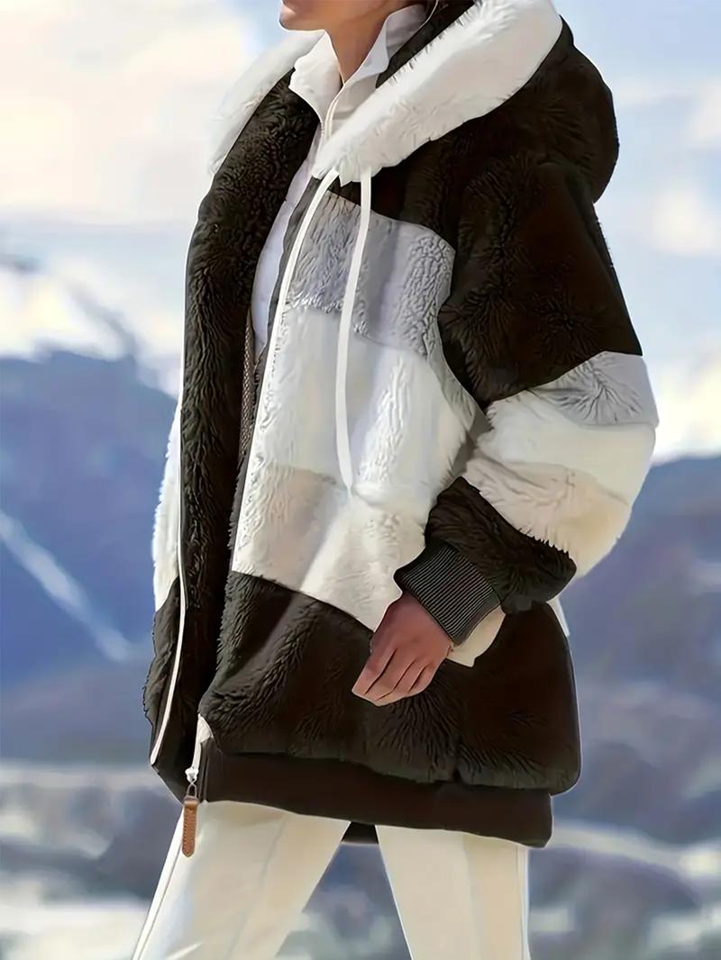 Product Introduction of Women's Color Block Fuzzy Coat - Casual Hooded Zip-Up Long Sleeve Outerwear with Adjustable Drawstring, Warm and Stylish Womenswear Jacket for Daily, Outdoor, or Travel Wear Tops 8