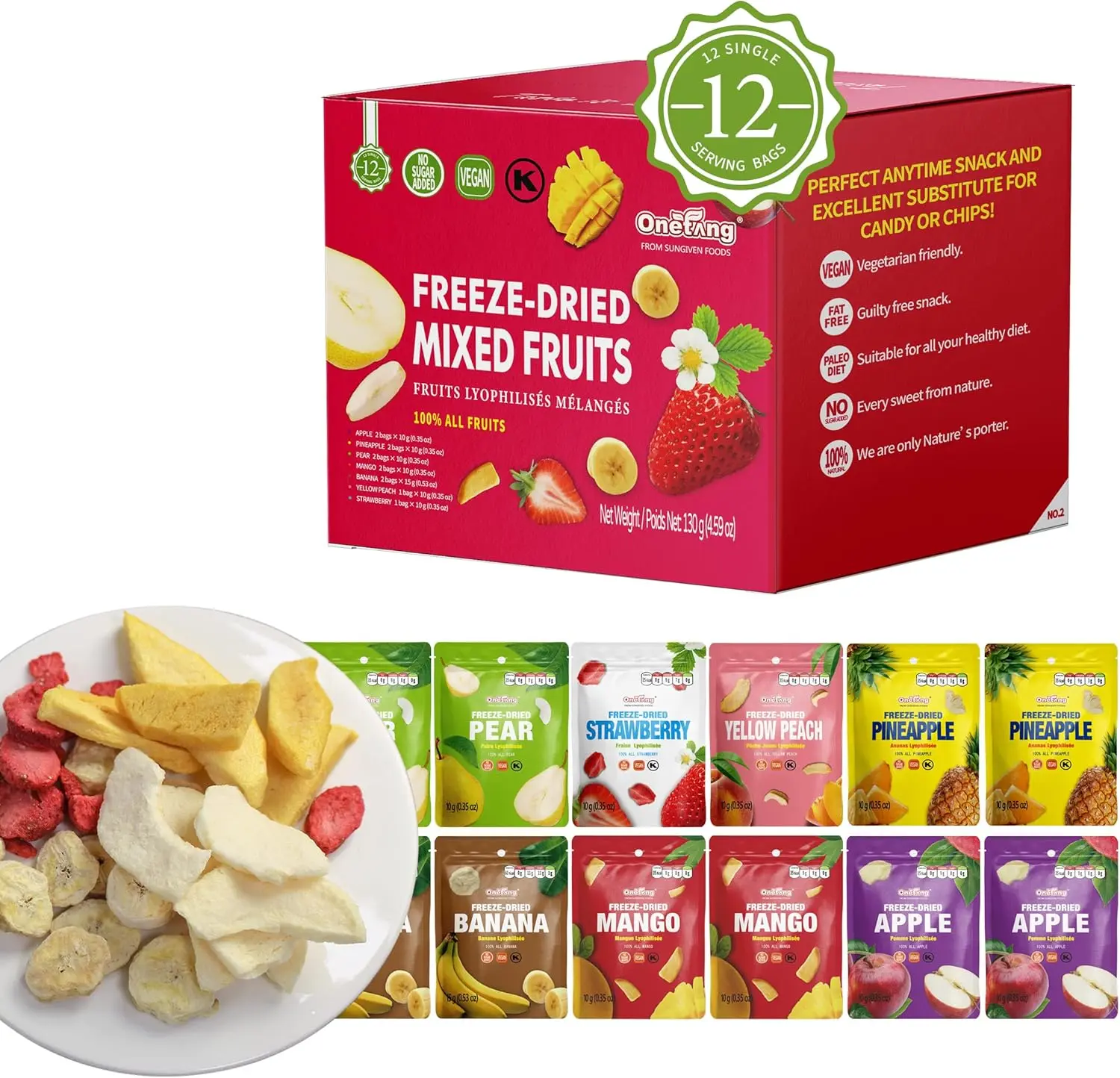 ONETANG Freeze-Dried Mixed Fruit 12-Pack – Non GMO, Kosher, No Added Sugar, Gluten-Free, Vegan Snack