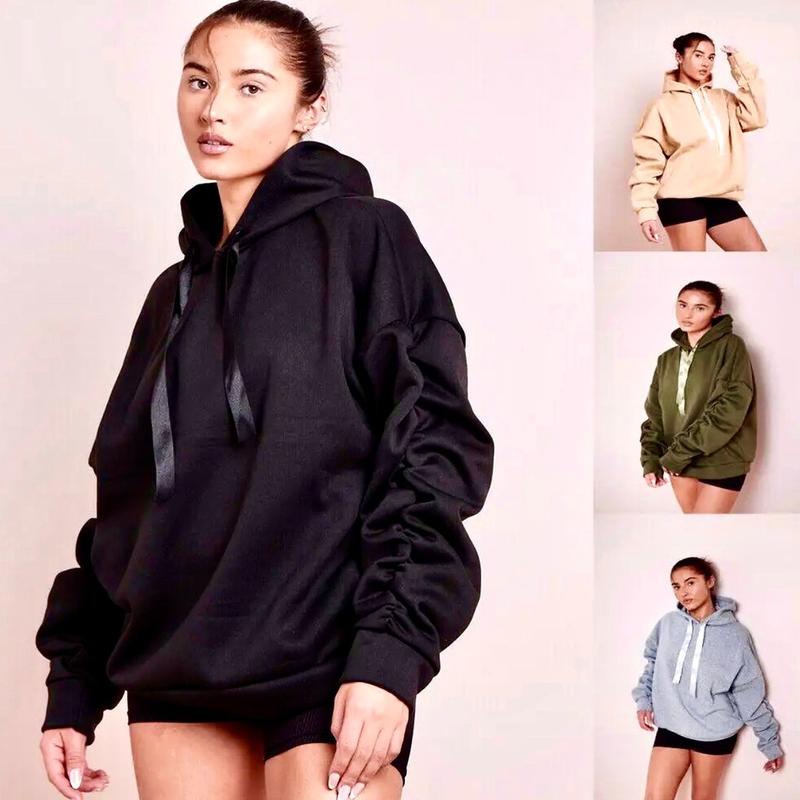 Ruched Arm Ribbon String Hoodie, Oversized Baggy Comfortable Womenswear 3