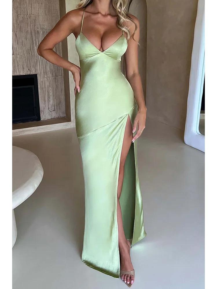 Product Introduction of Bandage Backless Elegant Dress Split Hem Spaghetti Strap Slim Cocktail Party Club Fashion Satin Solid Lace-Up Long Dresses 19