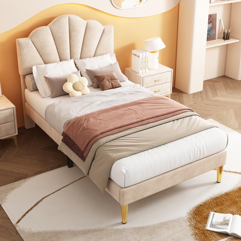 Velvet upholstered bed,90*190cm/ 135*190cm/ 150*200cm, shell-like bed with golden iron legs, height-adjustable headboard, wooden slatted frame, Beige 2