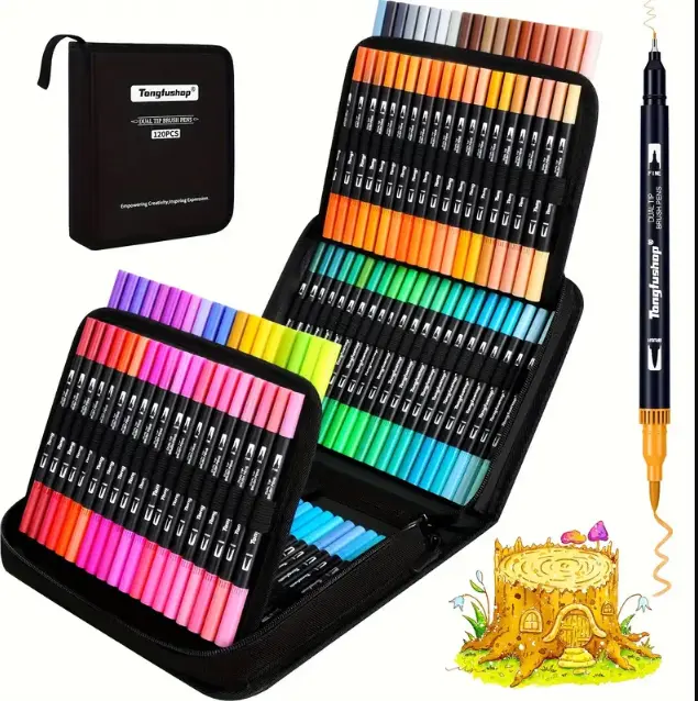 100/120 Colors Dual Tip Brush Markers Set - Vibrant Art Pen for Adults Coloring Books, Christmas Cards, Lettering, Calligraphy, Journaling, Doodling - Perfect for Creative Expression and Self-Relaxation