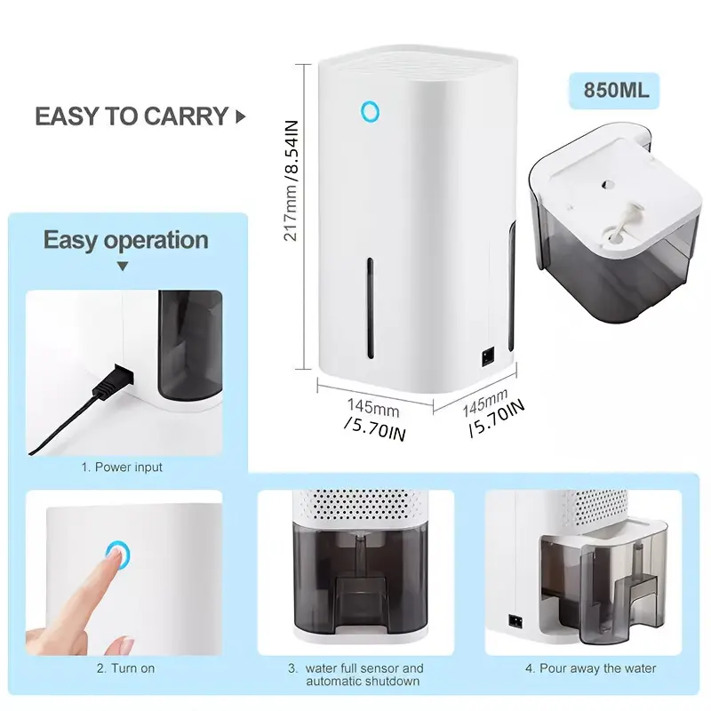 Intelligent 1pc Portable Electric Dehumidifier - 850ml Capacity, Low Noise, Visible Water Tank - Ideal for Home, Office, RV, Damp, Mold, and Moisture Removal, Perfect Christmas Gift 1