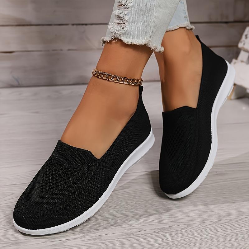 Product Introduction of Women's Solid Color Knitted Sneakers, Soft Sole Lightweight Slip On Walking Shoes, Low-top Breathable Daily Footwear plus size Girl Slipon 3
