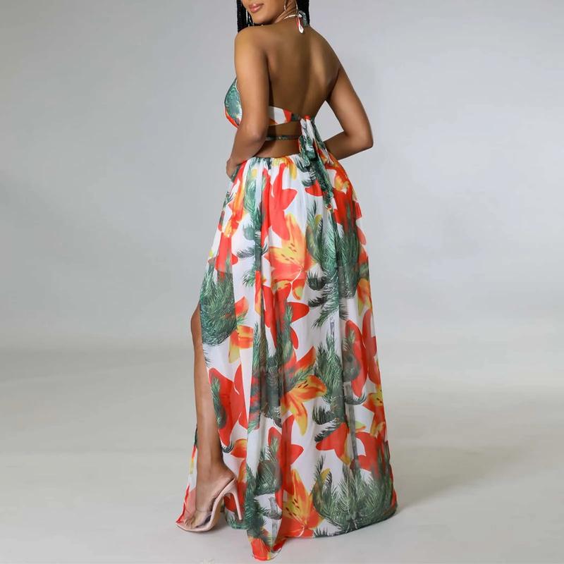 Product Introduction of Floral Print Maxi Dress For Women Stylish French Halterneck Summer Dress Mid Length Camisole Dress Elegant High Split Dress 65